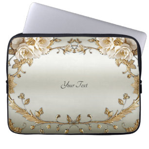 Golden Ornate White Flowers Laptop Sleeve