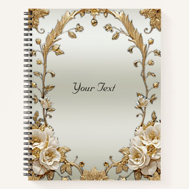 Golden Ornate White Flowers Notebook (Front)