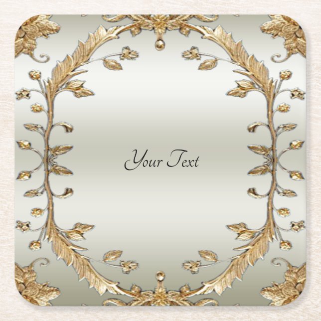 Golden Ornate White Flowers Paper Coaster (Front)