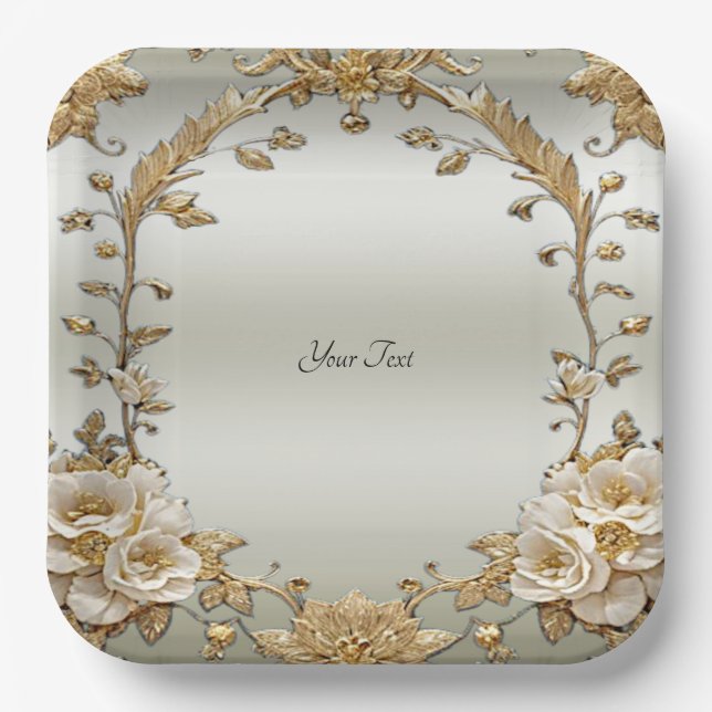 Golden Ornate White Flowers Paper Plate (Front)