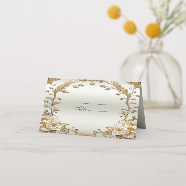 Golden Ornate White Flowers Place Card (Front)