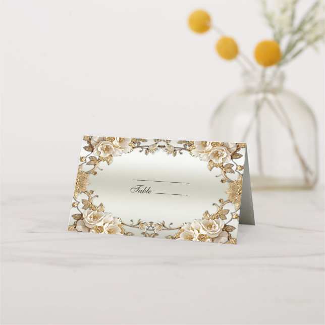 Golden Ornate White Flowers Place Card (Front)