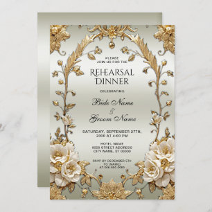 Golden Ornate White Flowers Rehearsal Dinner Invitation