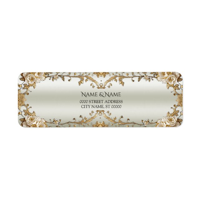 Golden Ornate White Flowers Return Address Label (Front)