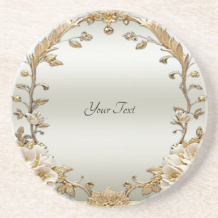 Golden Ornate White Flowers Sandstone Coaster