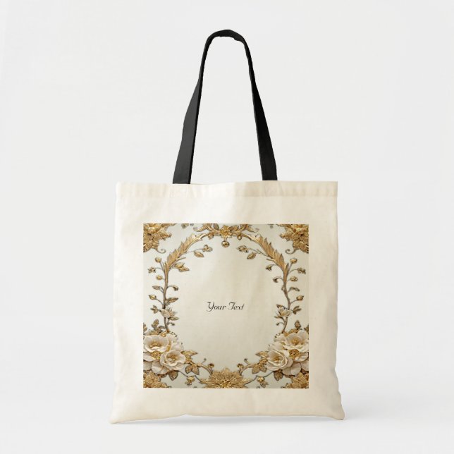 Golden Ornate White Flowers Tote Bag (Front)