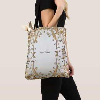 Golden Ornate White Flowers Tote Bag