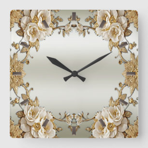 Golden Ornate White Flowers Wall Clock