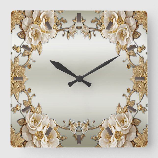 Golden Ornate White Flowers Wall Clock (Front)