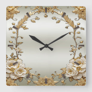 Golden Ornate White Flowers Wall Clock