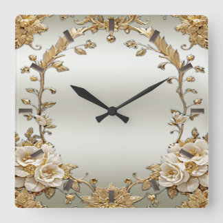 Golden Ornate White Flowers Wall Clock