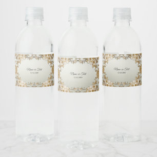 Golden Ornate White Flowers Water Bottle Label
