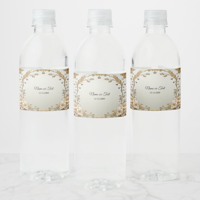 Golden Ornate White Flowers Water Bottle Label (Bottles)