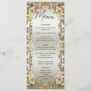 Golden Ornate White Flowers Wedding Menu