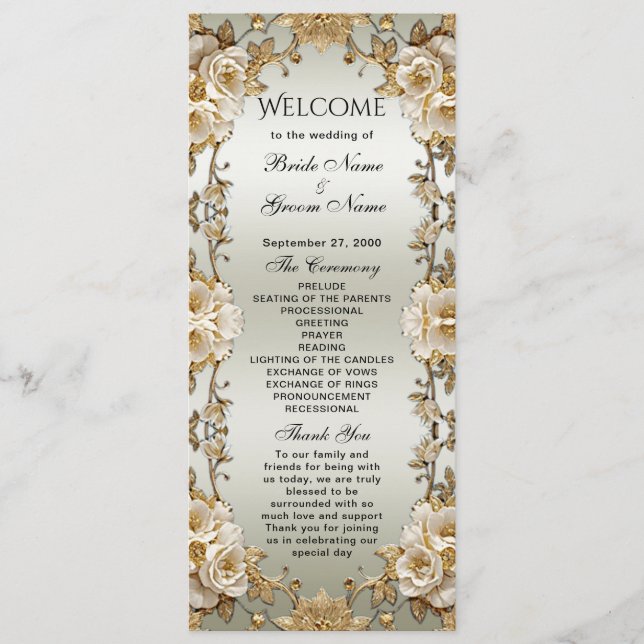 Golden Ornate White Flowers Wedding Program Programme (Front)