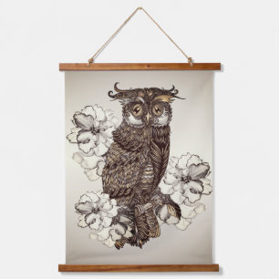 Golden Owl Cream Flowers Hanging Tapestry
