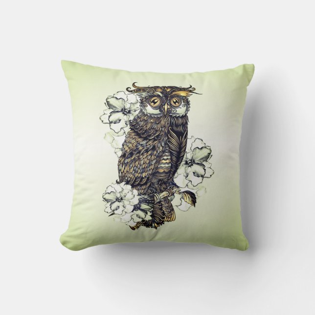 Golden Owl Green Orchids Cushion (Front)