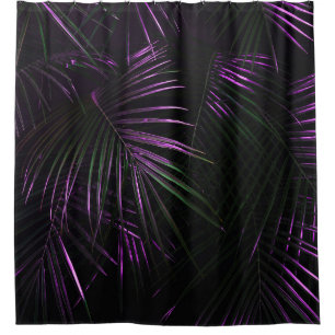 Golden painted date palm leaf closeup on dark blac shower curtain