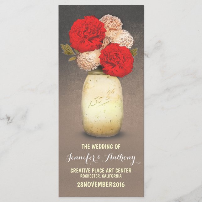 golden painted mason jar red flowers programs programme (Front)