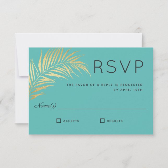 Golden Palm Frond Modern Minimalist RSVP Card (Front)