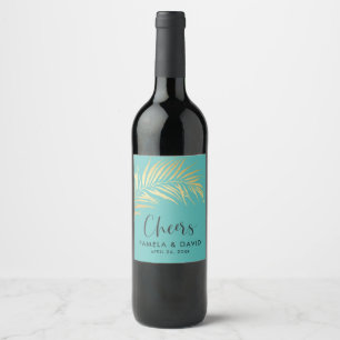 Golden Palm Frond on Caribbean Blue Wedding Wine Label