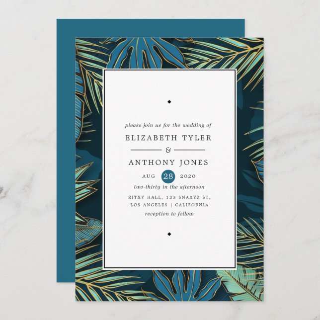 Golden Palm Leaves Exotic Tropical Wedding Invitation (Front/Back)