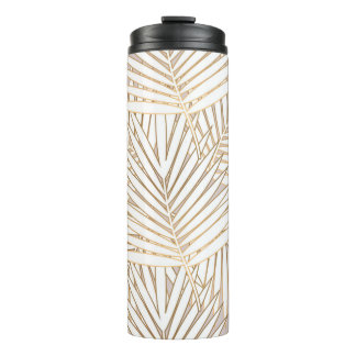 Golden palm leaves seamless pattern on white backg thermal tumbler