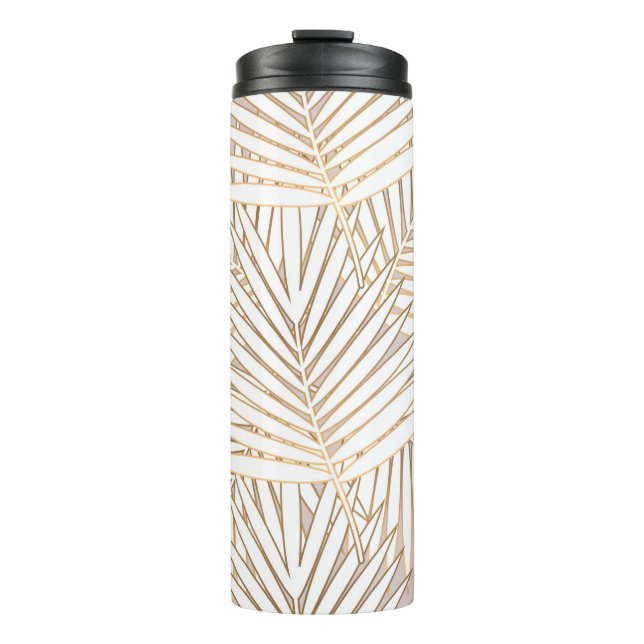 Golden palm leaves seamless pattern on white backg thermal tumbler (Front)