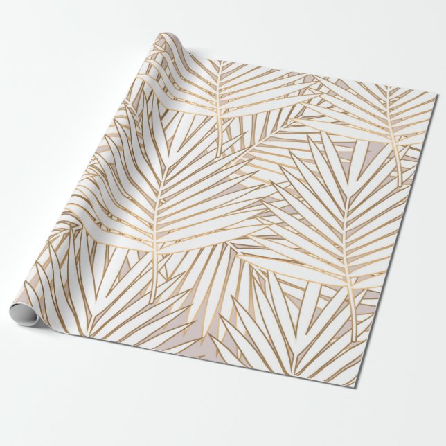 Golden palm leaves seamless pattern on white backg wrapping paper (Unrolled)