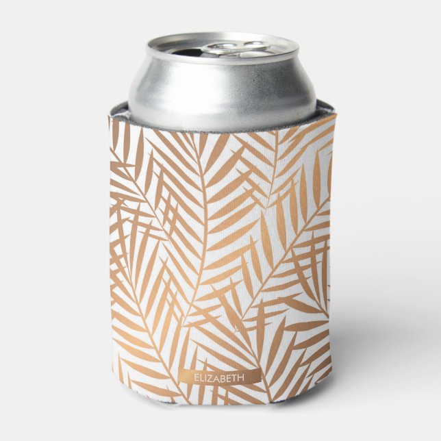 Golden Palm Tree Leaf Pattern Can Cooler (Can Front)