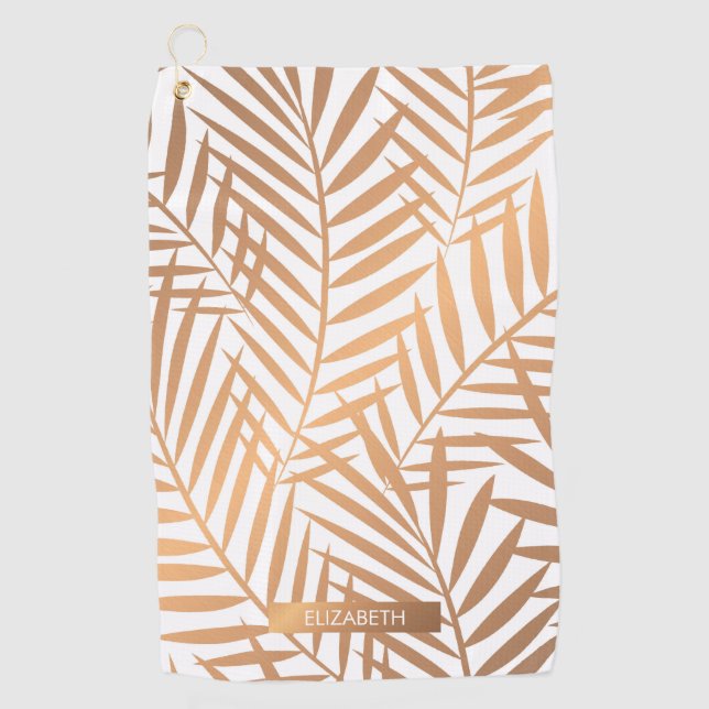 Golden Palm Tree Leaf Pattern Golf Towel (Front)