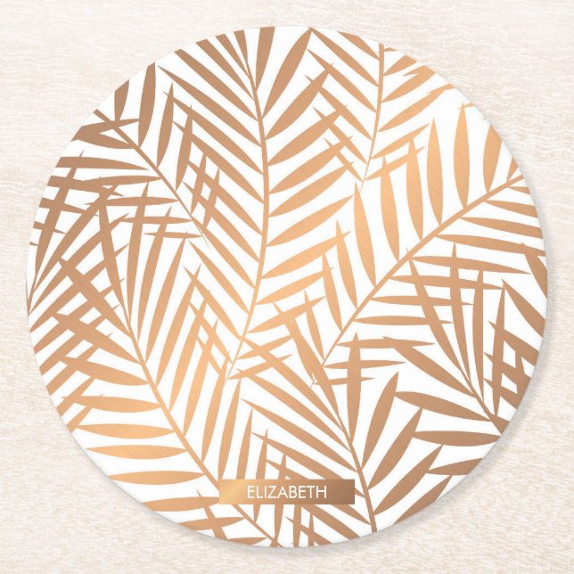Golden Palm Tree Leaf Pattern Round Paper Coaster (Front)