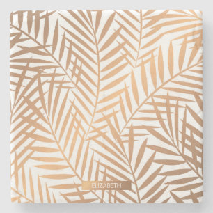 Golden Palm Tree Leaf Pattern Stone Coaster