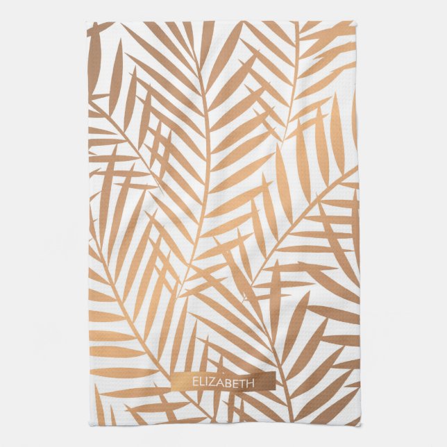 Golden Palm Tree Leaf Pattern Tea Towel (Vertical)