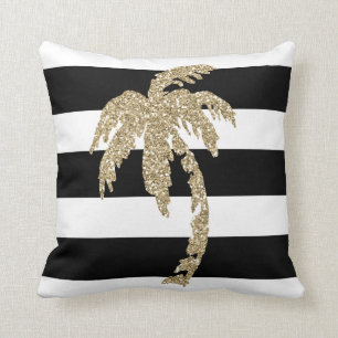 Golden Palm Tree on Black & White Stripes Pillow