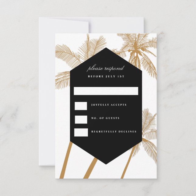 Golden palm trees sophisticated wedding rsvp invitation (Front)