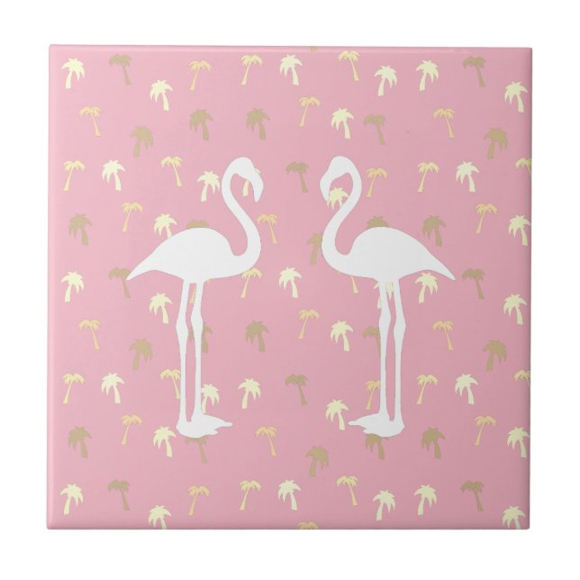 Golden Palm Trees Two White Flamingo Birds Tile (Front)
