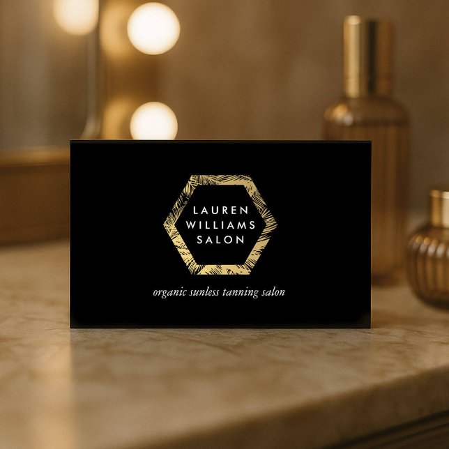 Golden Palms Spray Tanning Salon Logo on Black Business Card (Creator Uploaded)
