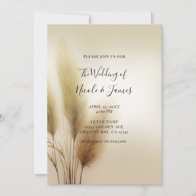 Golden Pampas Grass Bohemian Boho Wedding Invitation (Front)