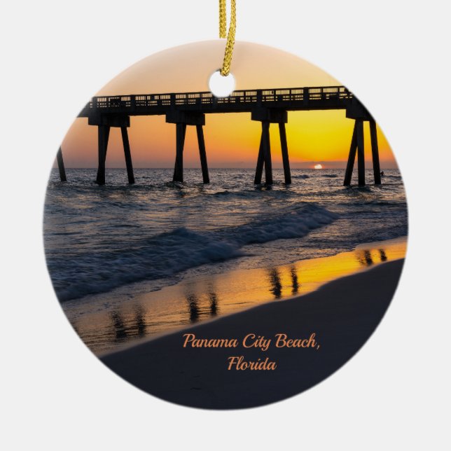 Golden Panama City Beach Sunset Reflections Ceramic Tree Decoration (Front)