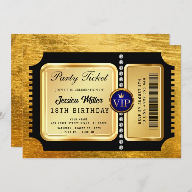 Golden Party Ticket Invitation (Front/Back)
