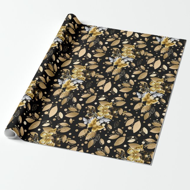 Golden Pattern 06 Black BG Wrapping Paper (Unrolled)