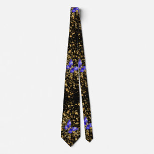 Golden Pattern 14.bw.blue butterfly Black BG Tie