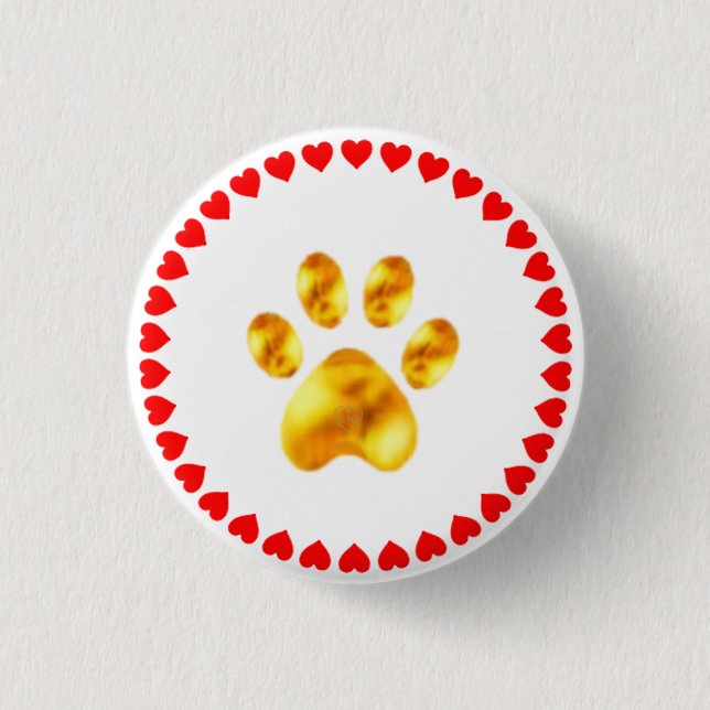 Golden paw and red heart circle on white 3 cm round badge (Front)