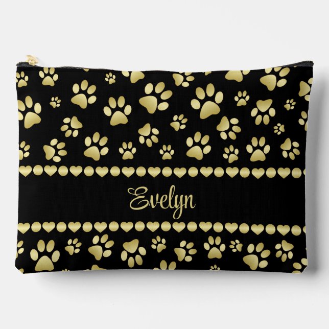 Golden Paw Prints on Black with Custom Name Accessory Pouch (Front)