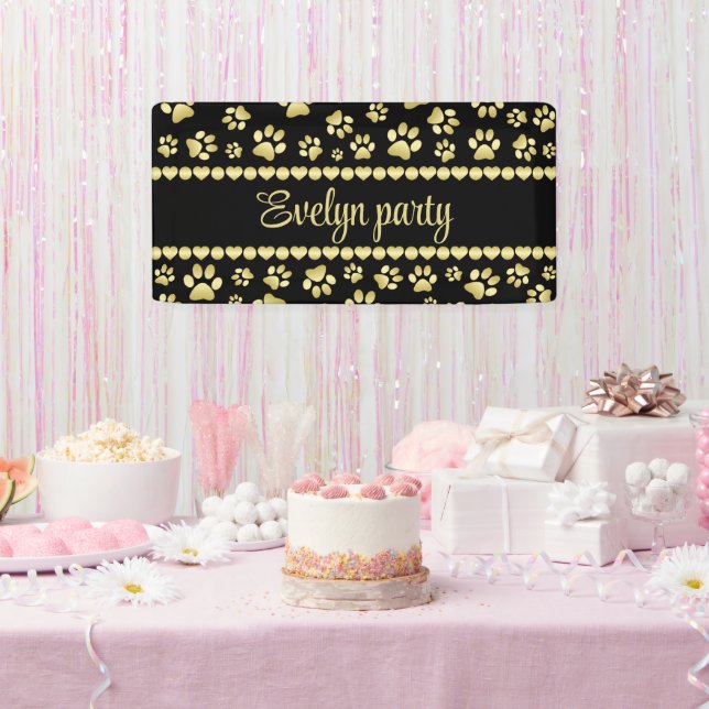 Golden Paw Prints on Black with Custom Name Banner (Party)