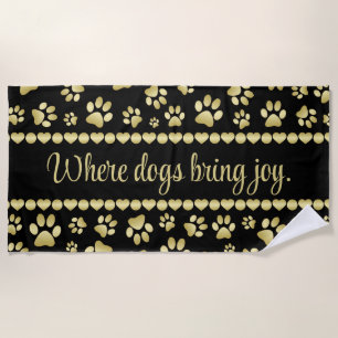 Golden Paw Prints on Black with Custom Name Beach Towel
