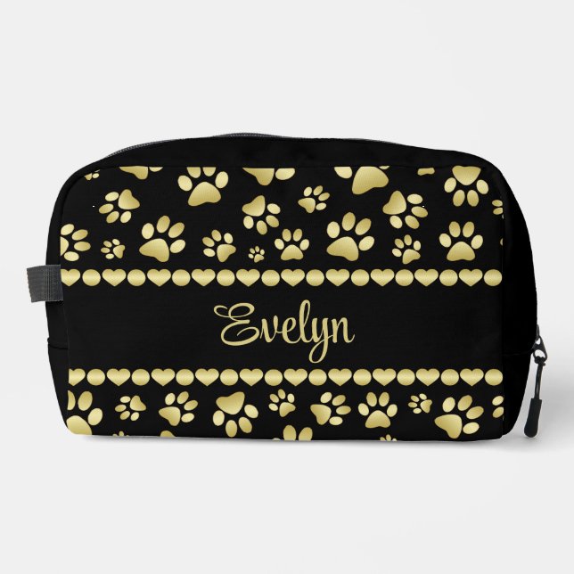 Golden Paw Prints on Black with Custom Name Dopp Kit (Front)