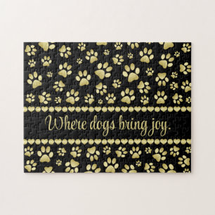 Golden Paw Prints on Black with Custom Name Jigsaw Puzzle