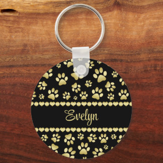 Golden Paw Prints on Black with Custom Name Key Ring
